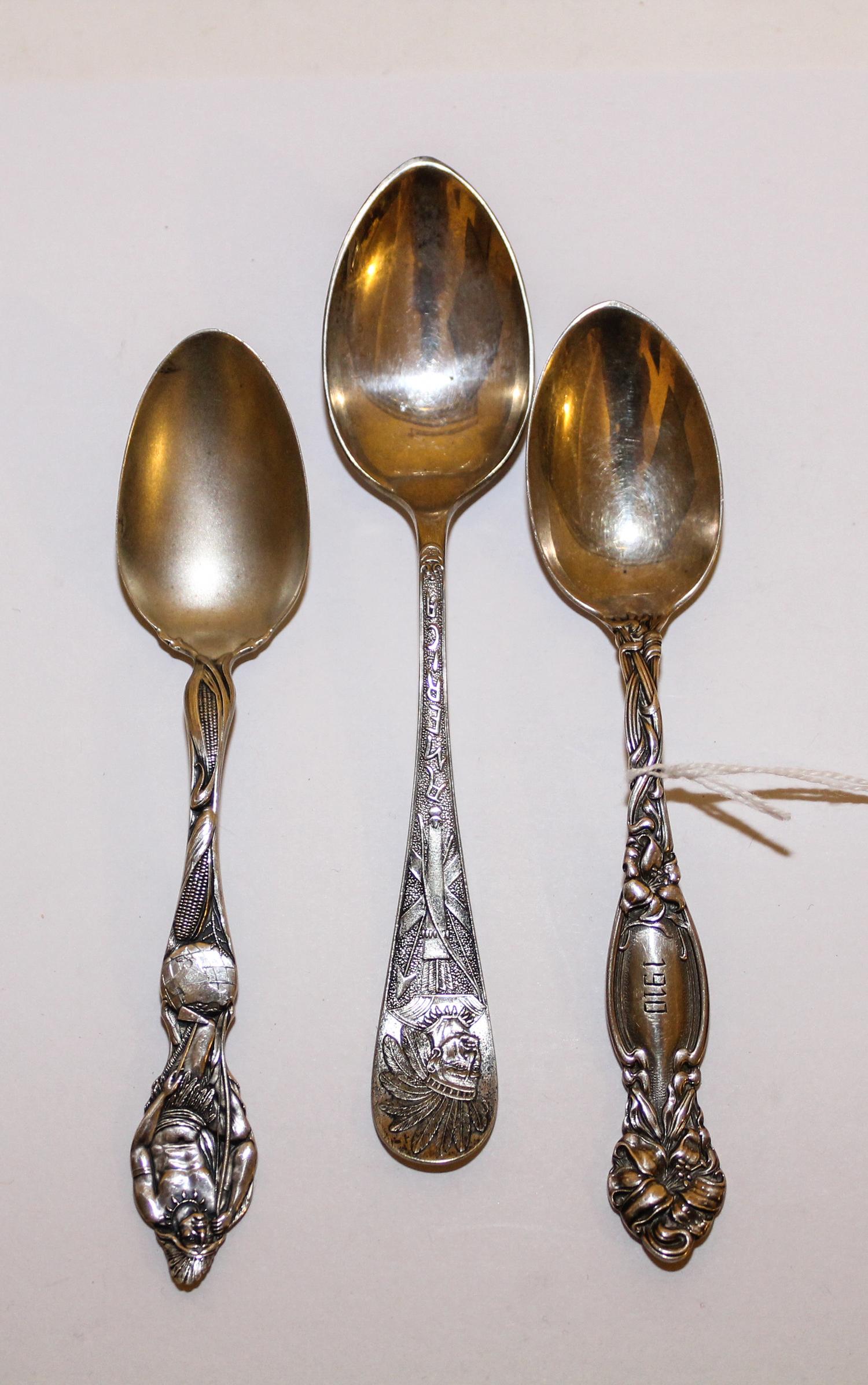 A Group of Three Silver Souvenir Spoons, Various Makers, of "Native American" interest.