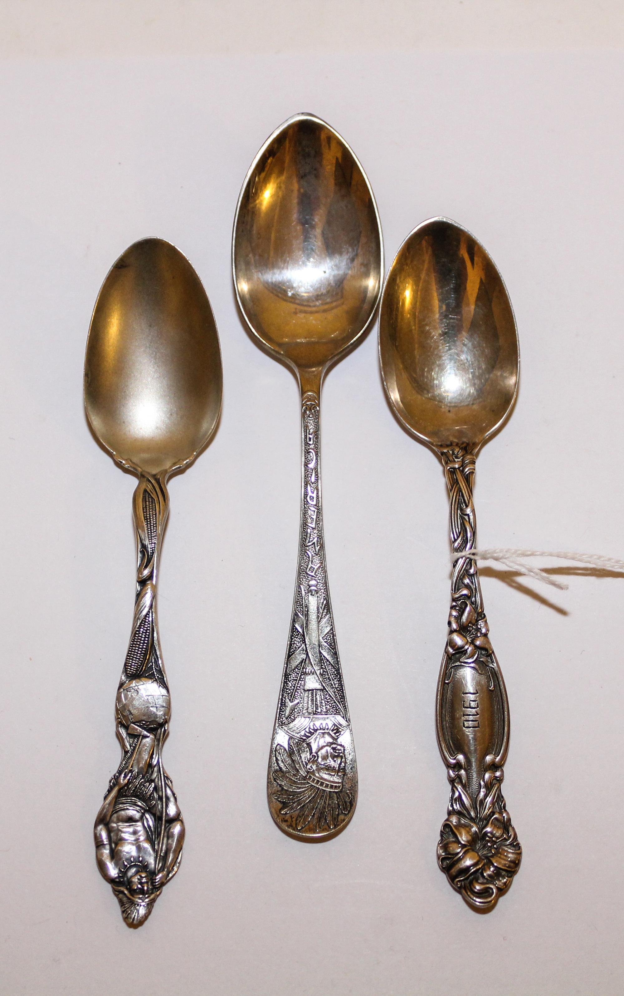 A Group of Three Silver Souvenir Spoons, Various Makers, of "Native American" interest.