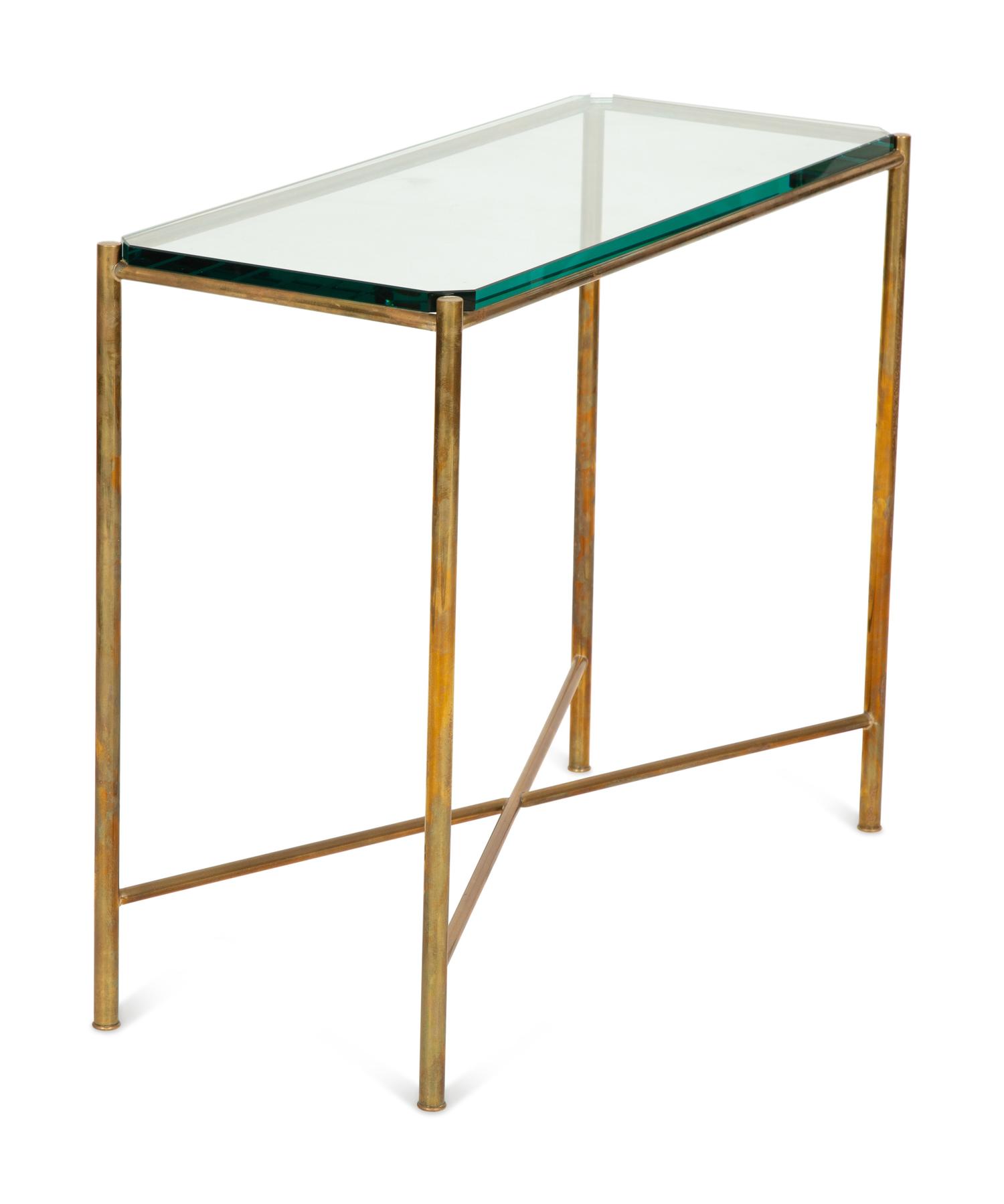 A Pair of Neoclassical Style Brass Console Tables with Glass Tops