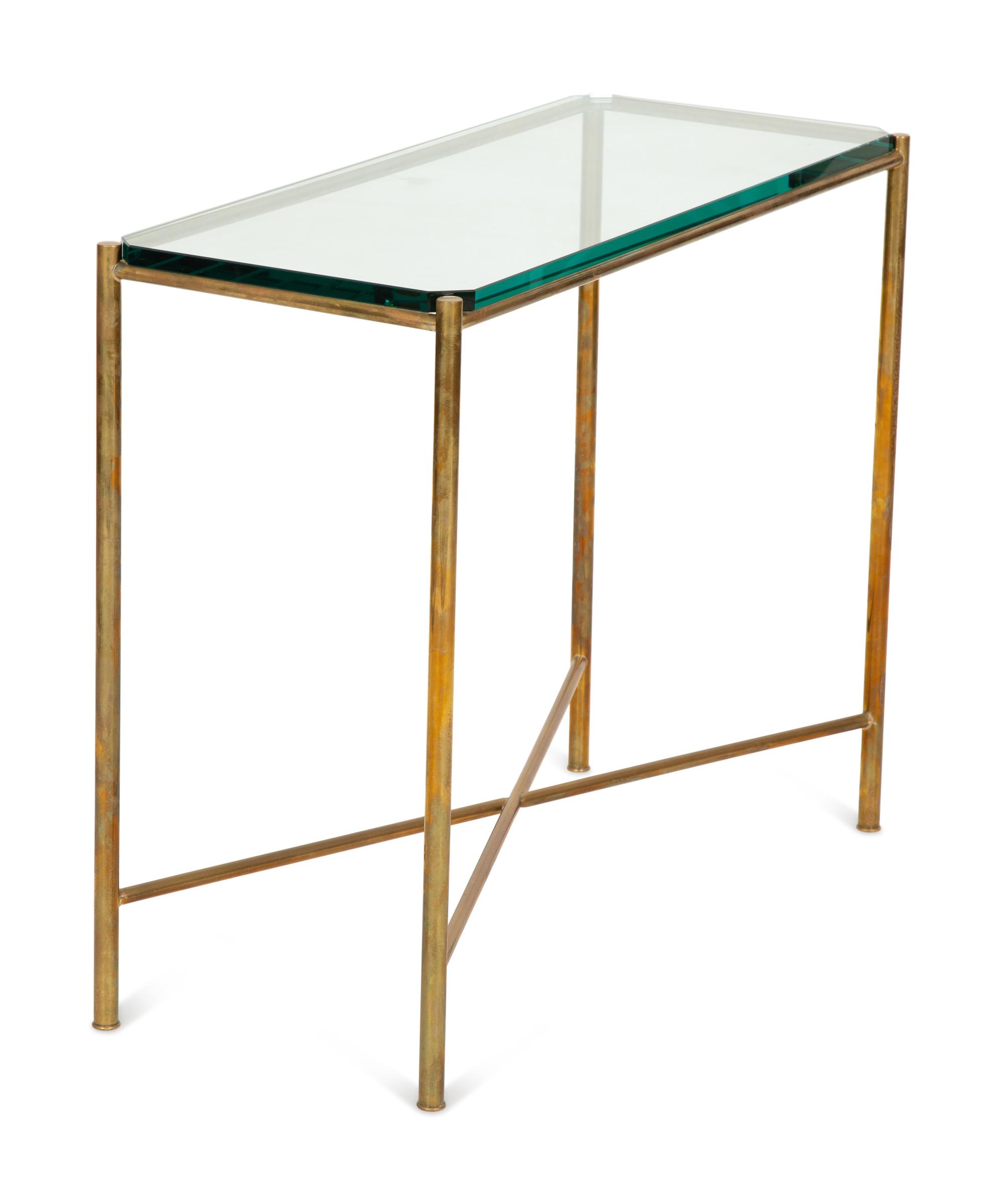 A Pair of Neoclassical Style Brass Console Tables with Glass Tops