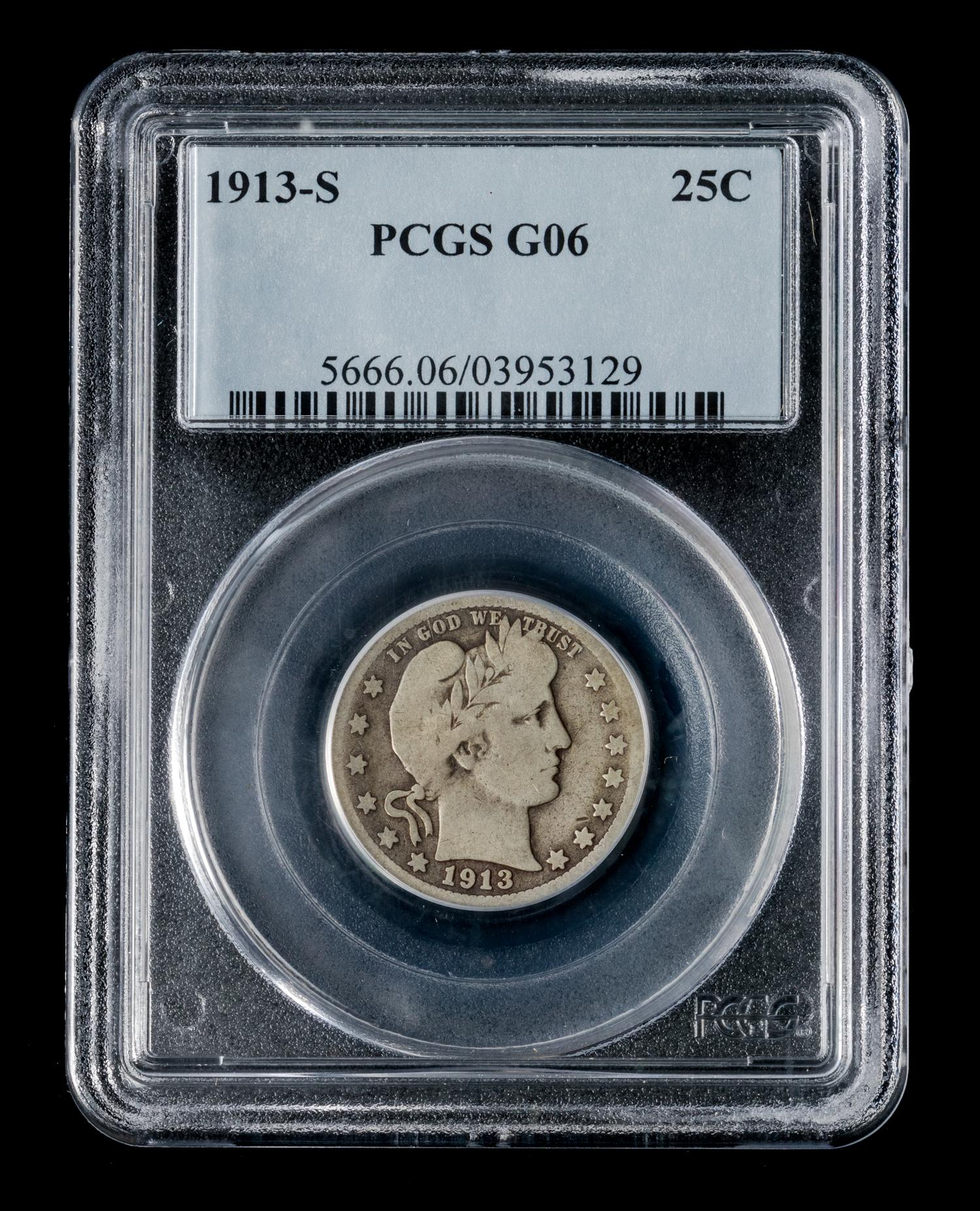 A United States 1913-S Barber 25c Coin