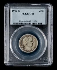 A United States 1913-S Barber 25c Coin