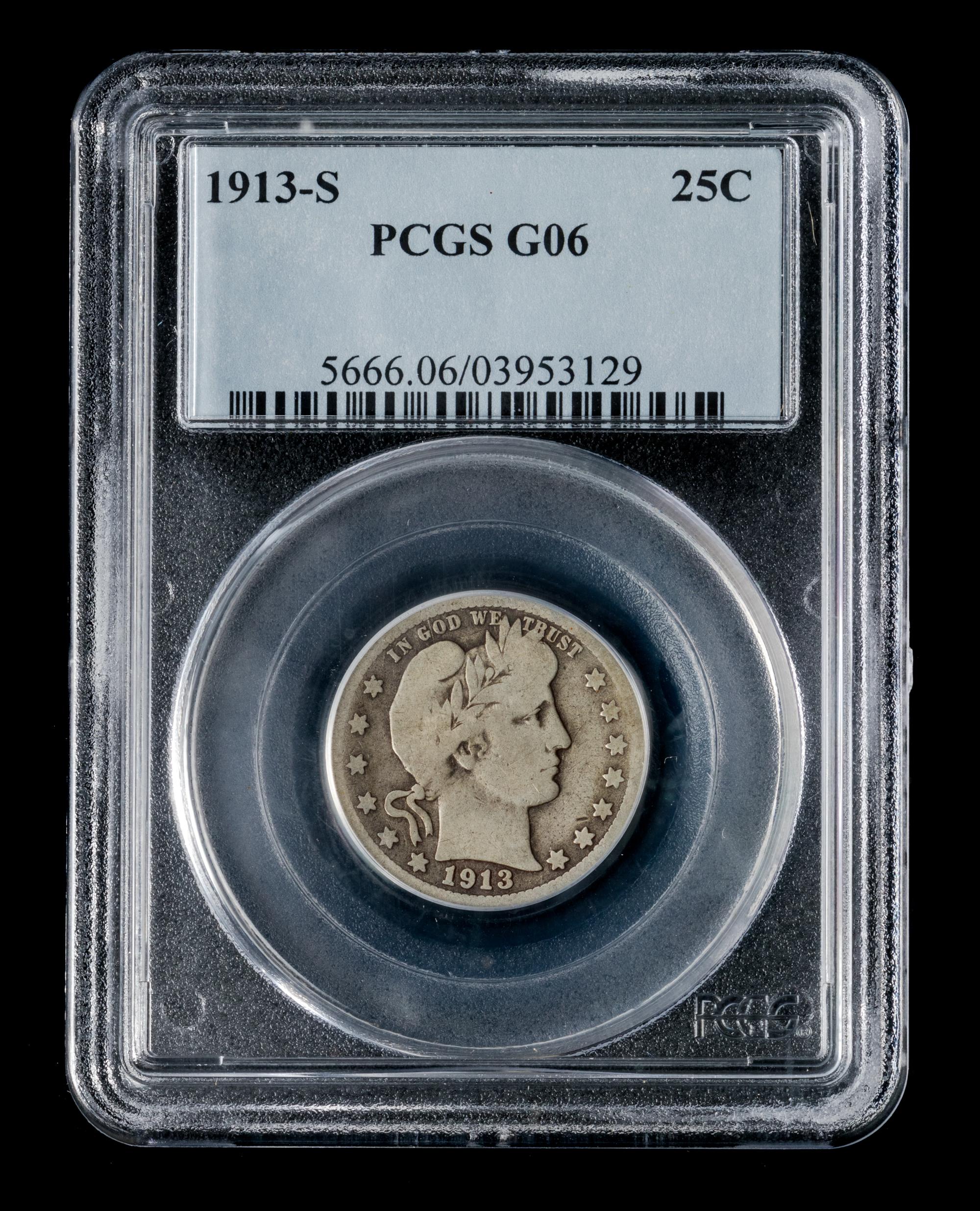 A United States 1913-S Barber 25c Coin
