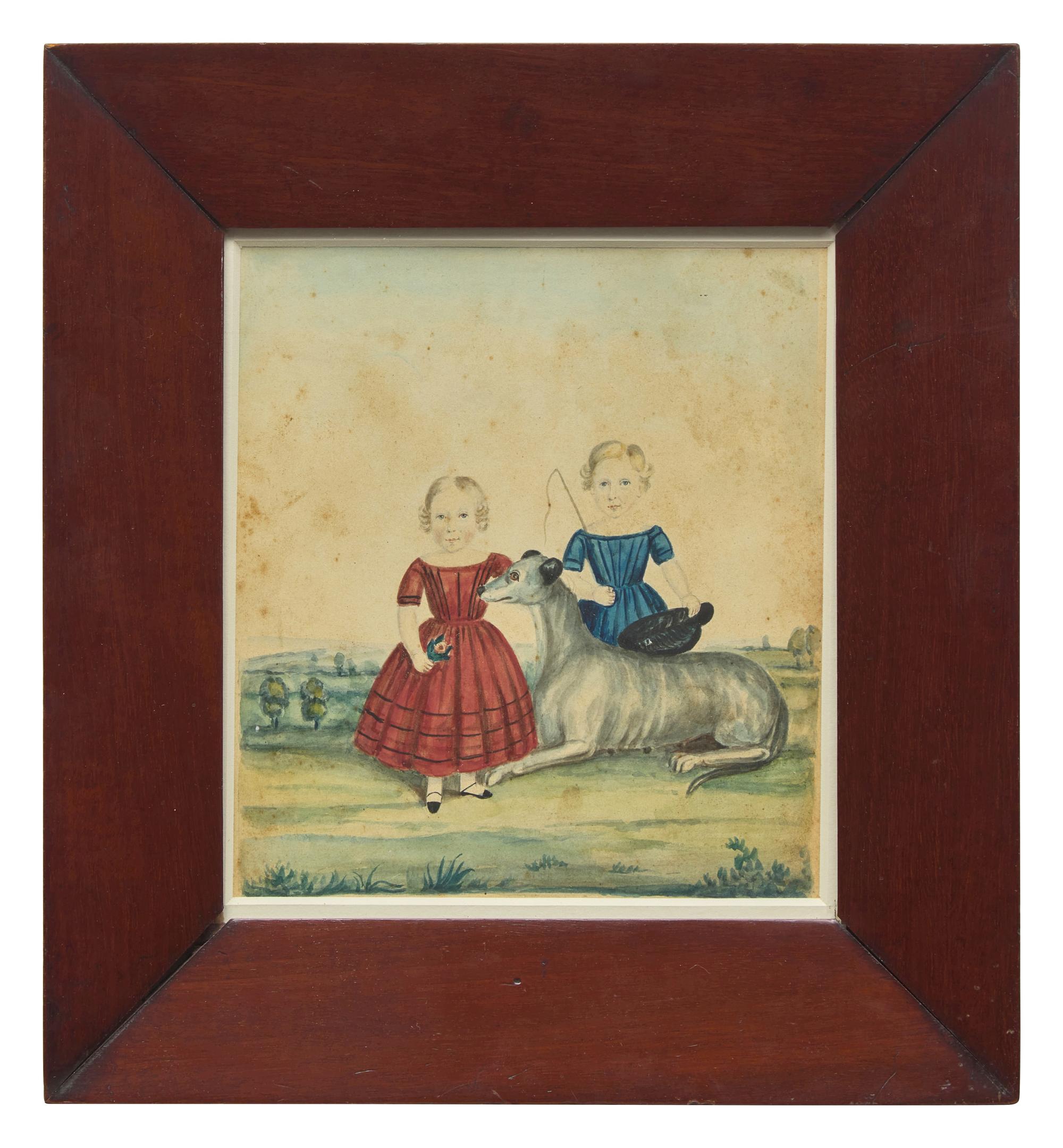 English School 19th Century, A Portrait of a Young Boy and Girl with Pet Dog