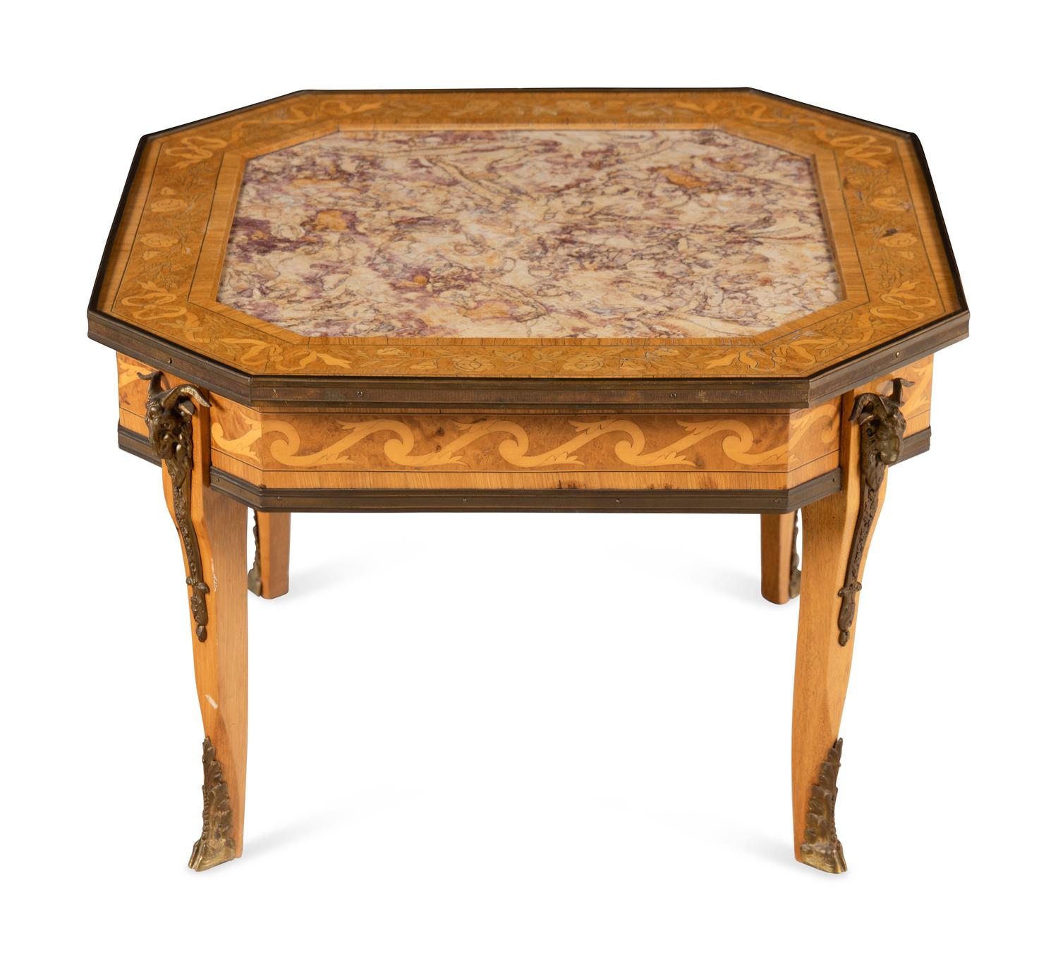 A Louis XVI Style Gilt-Bronze Mounted Marquetry and Marble-Inset Low Table