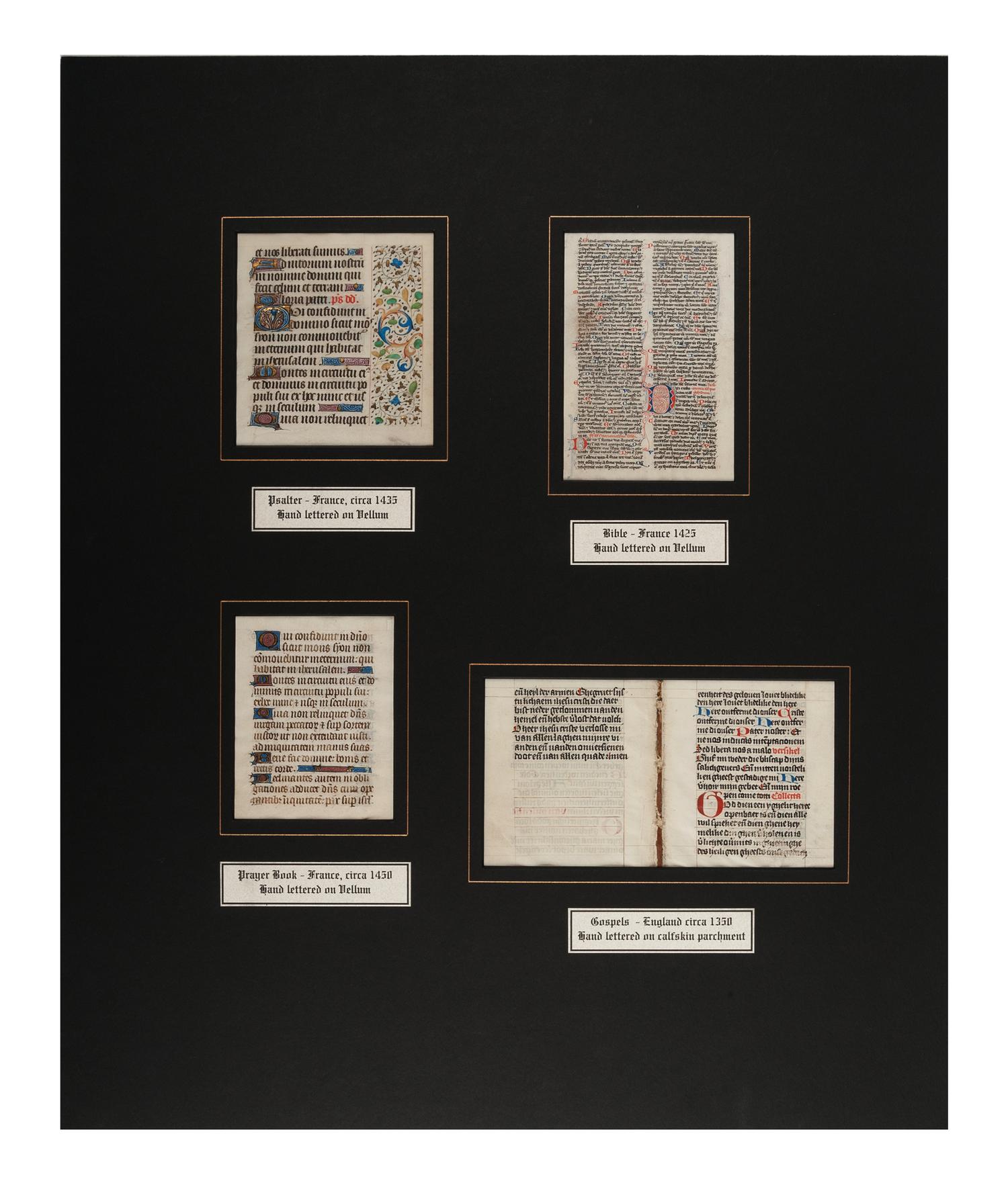 [MANUSCRIPT LEAVES -- BIBLES]. A group of 4 manuscript leaves on vellum, matted together, comprising: