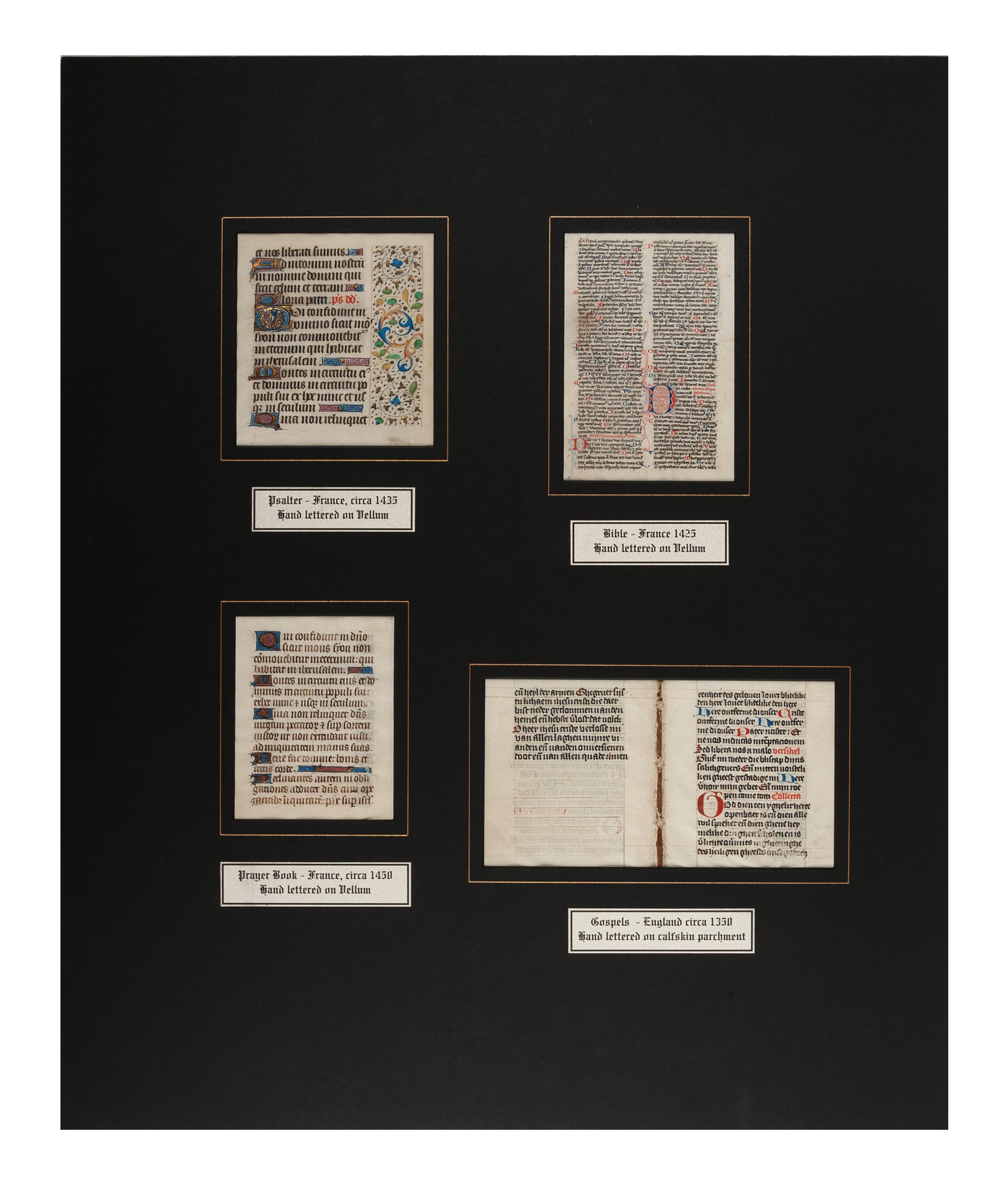[MANUSCRIPT LEAVES -- BIBLES]. A group of 4 manuscript leaves on vellum, matted together, comprising: