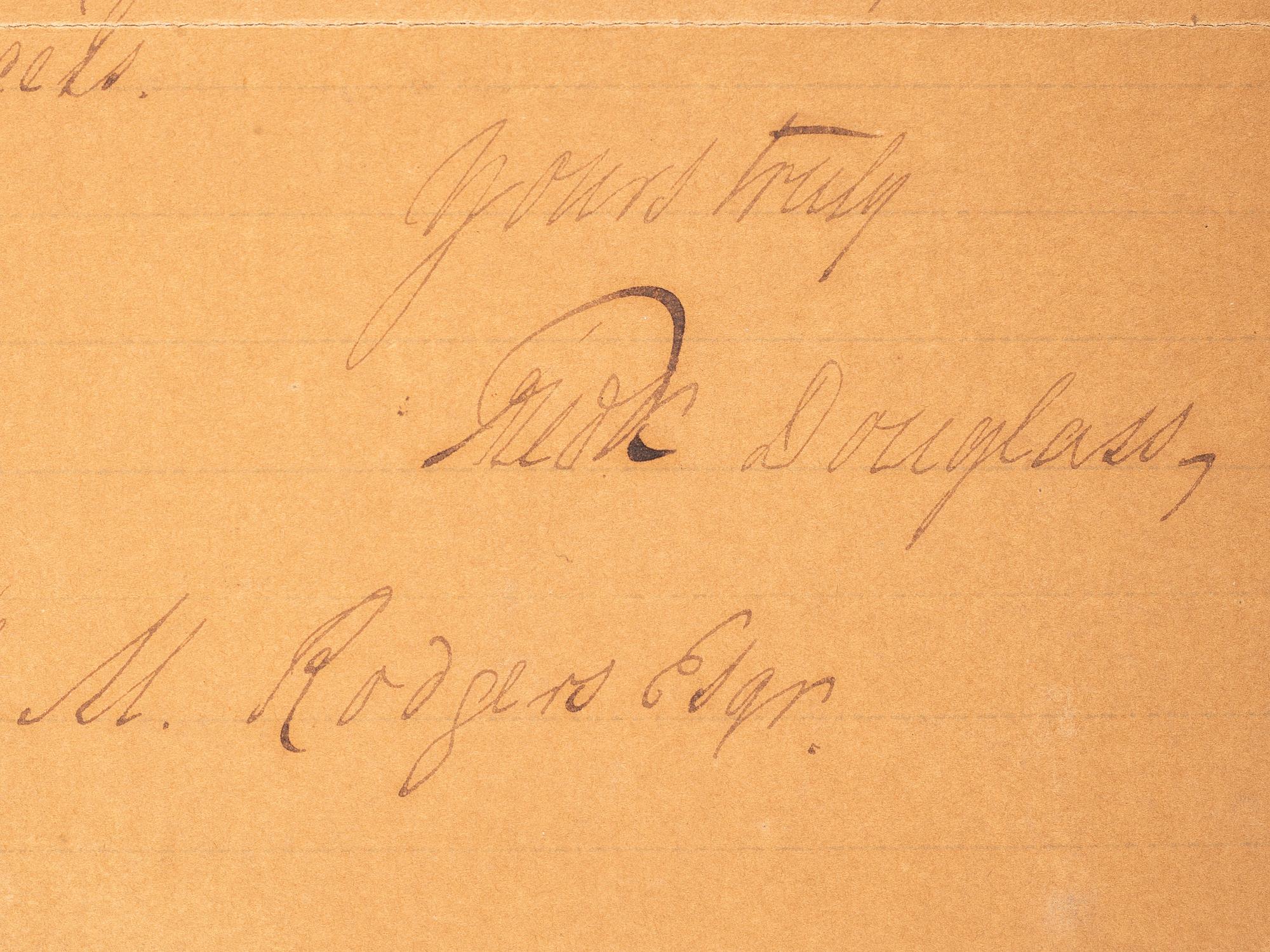 DOUGLASS, Frederick (1817-1895). Autograph letter signed ("Fredk. Douglass"), to M. M. Rodgers. Washington DC, 30 November 1888.