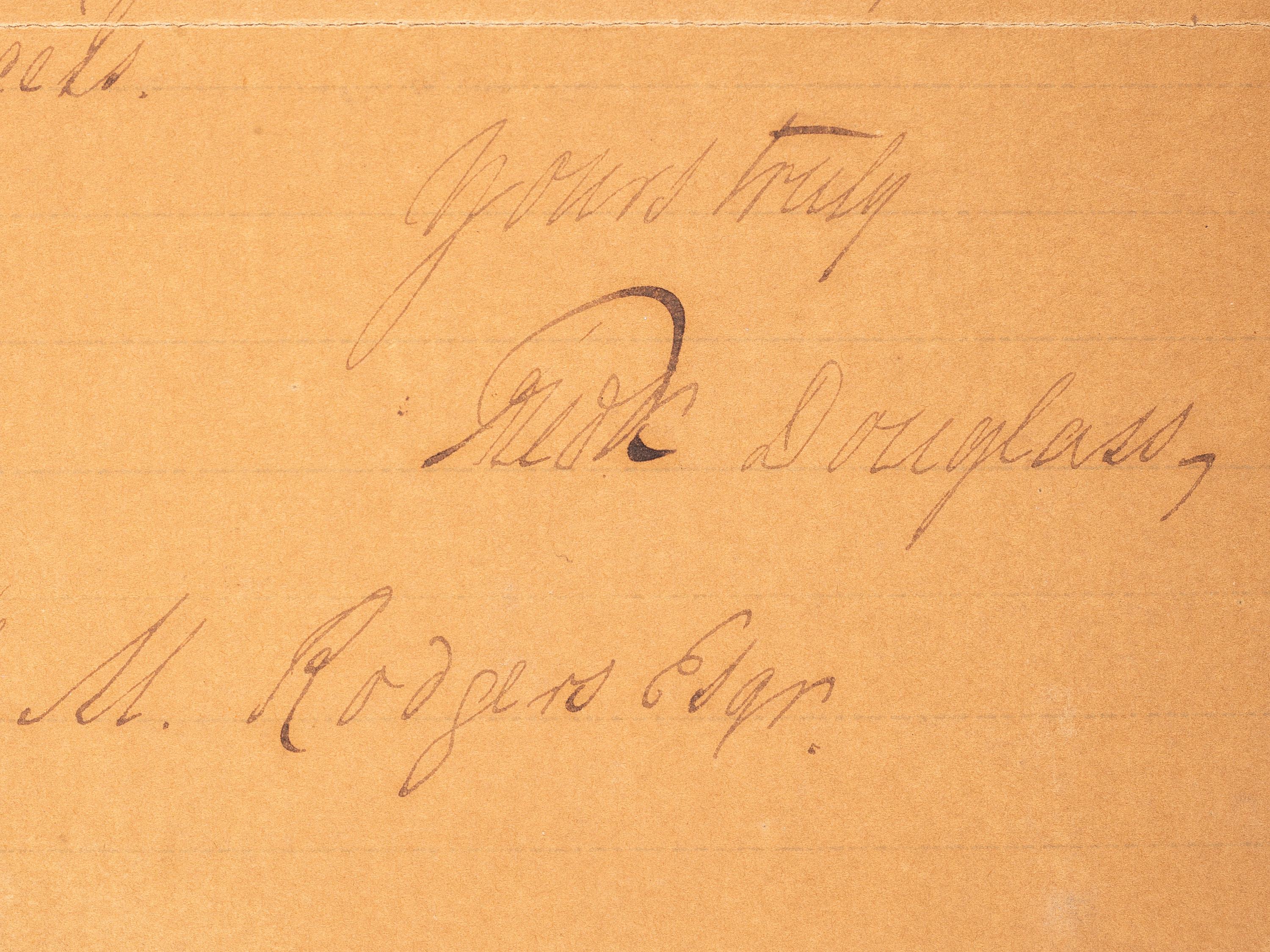 DOUGLASS, Frederick (1817-1895). Autograph letter signed ("Fredk. Douglass"), to M. M. Rodgers. Washington DC, 30 November 1888.