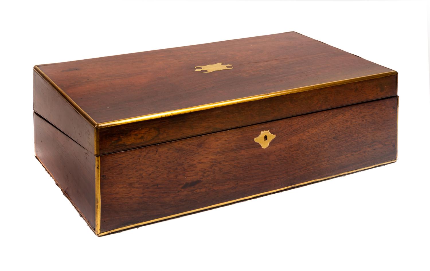 A Victorian Style Brass Inlaid Lap Desk Height 5 1/2 x width 18 1/4 x depth 9 1/2 inches.