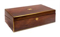 A Victorian Style Brass Inlaid Lap Desk Height 5 1/2 x width 18 1/4 x depth 9 1/2 inches.