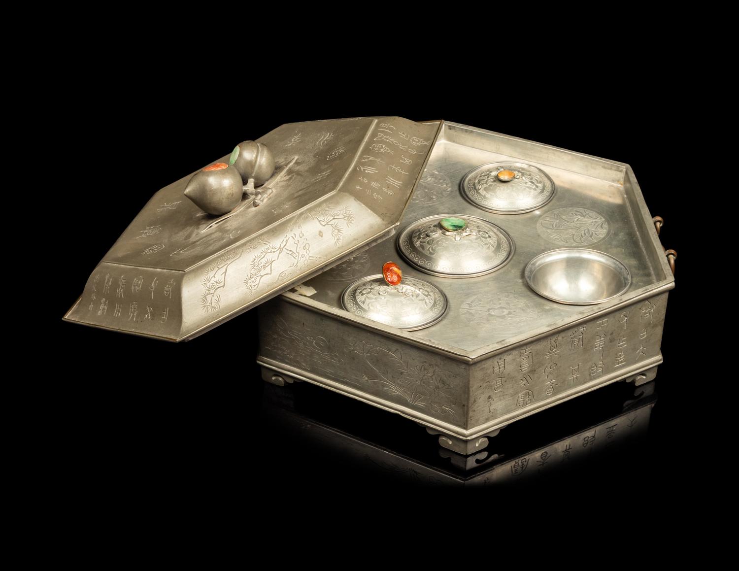 A Chinese Hardstone Inset Pewter Warmer Set