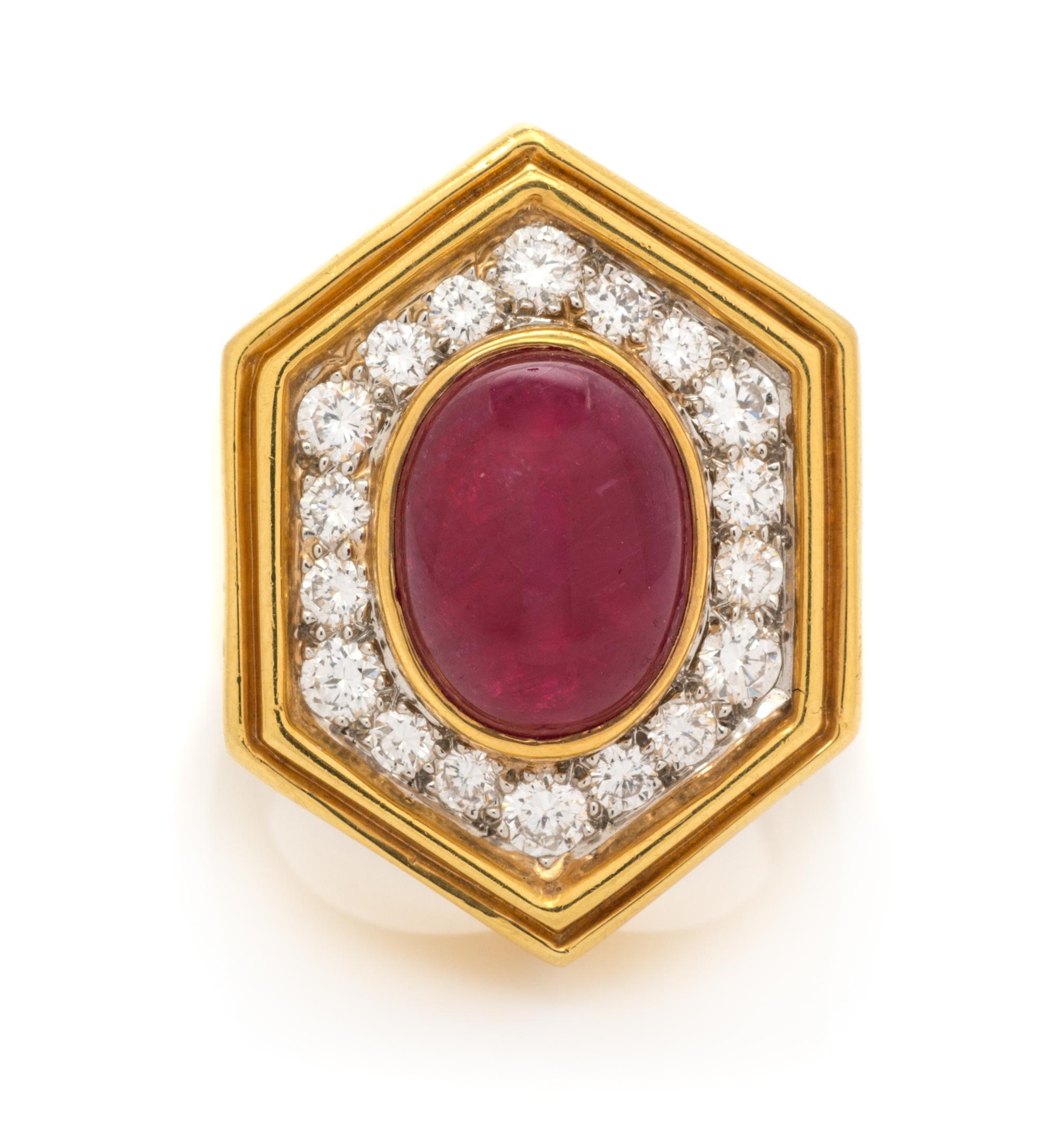 An 18 Karat Yellow Gold, Platinum, Ruby and Diamond Ring, 11.05 dwts.