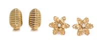 A Collection of 14 Karat Yellow Gold and Cultured Pearl Earclips, 15.30 dwts.