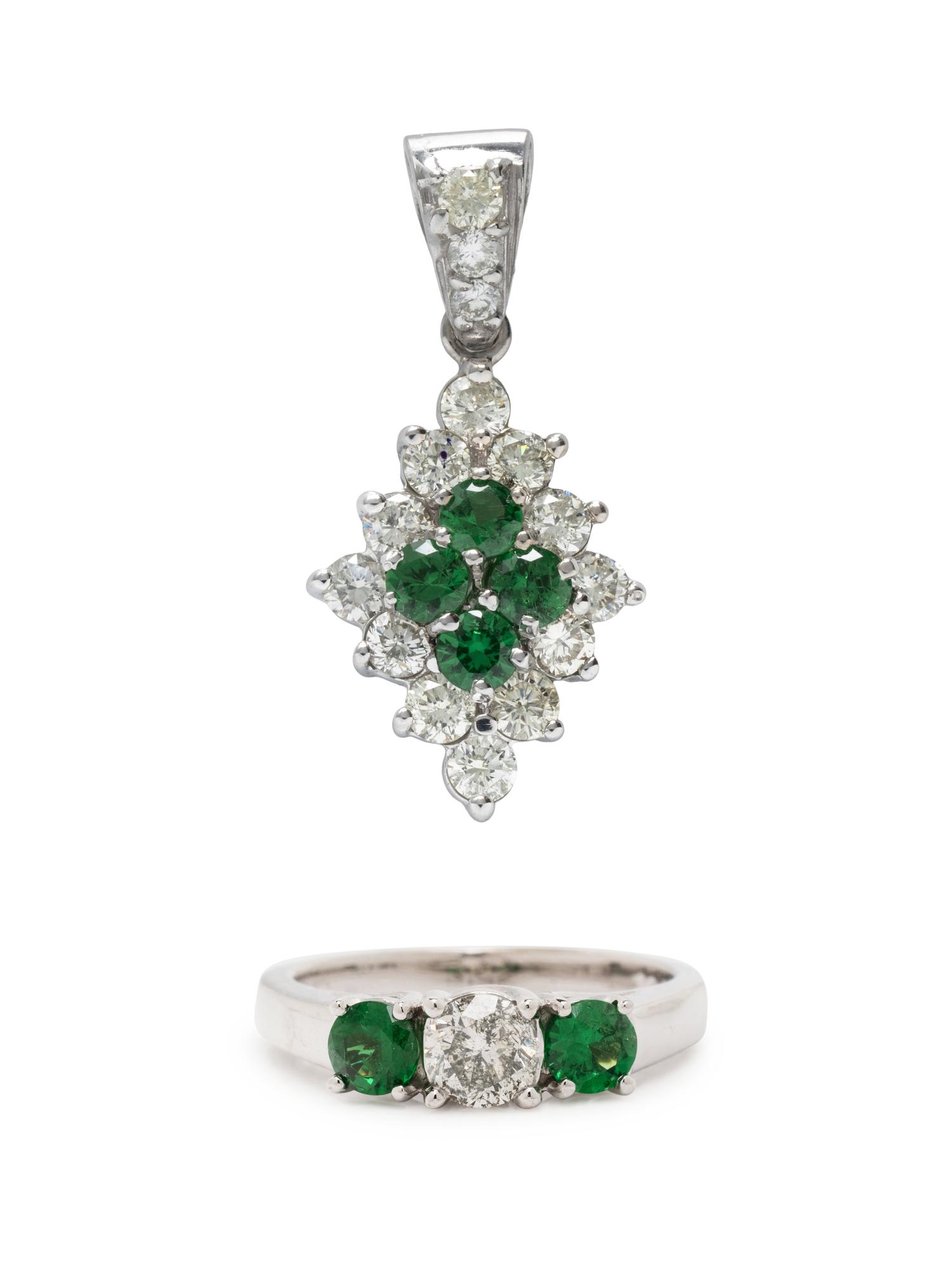 TSAVORITE GARNET AND DIAMOND PENDANT AND RING
