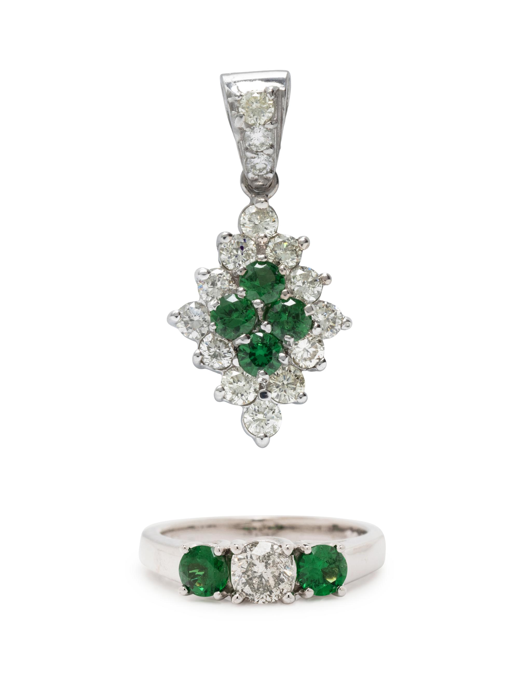 TSAVORITE GARNET AND DIAMOND PENDANT AND RING