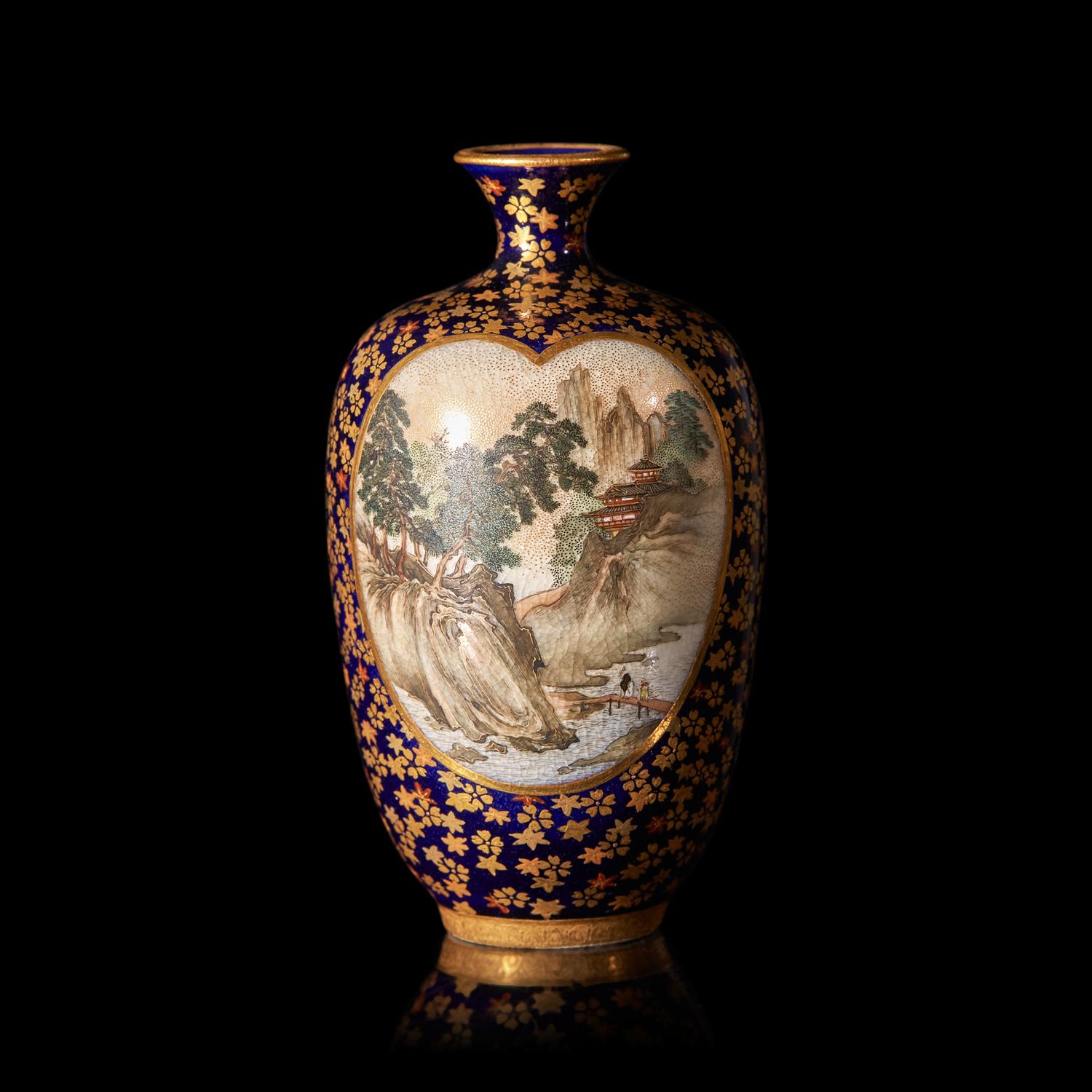 Two Japanese Enameled Satsuma-Type Cabinet Vases, Kinkozan Workshop, Meiji to Taisho period