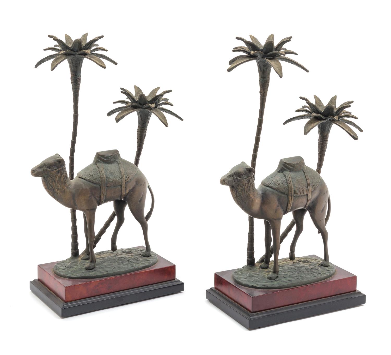 A Pair of Orientalist Cast Metal Two Light Candelabra Height overall 15 1/2 inches. — 20TH CENTURY