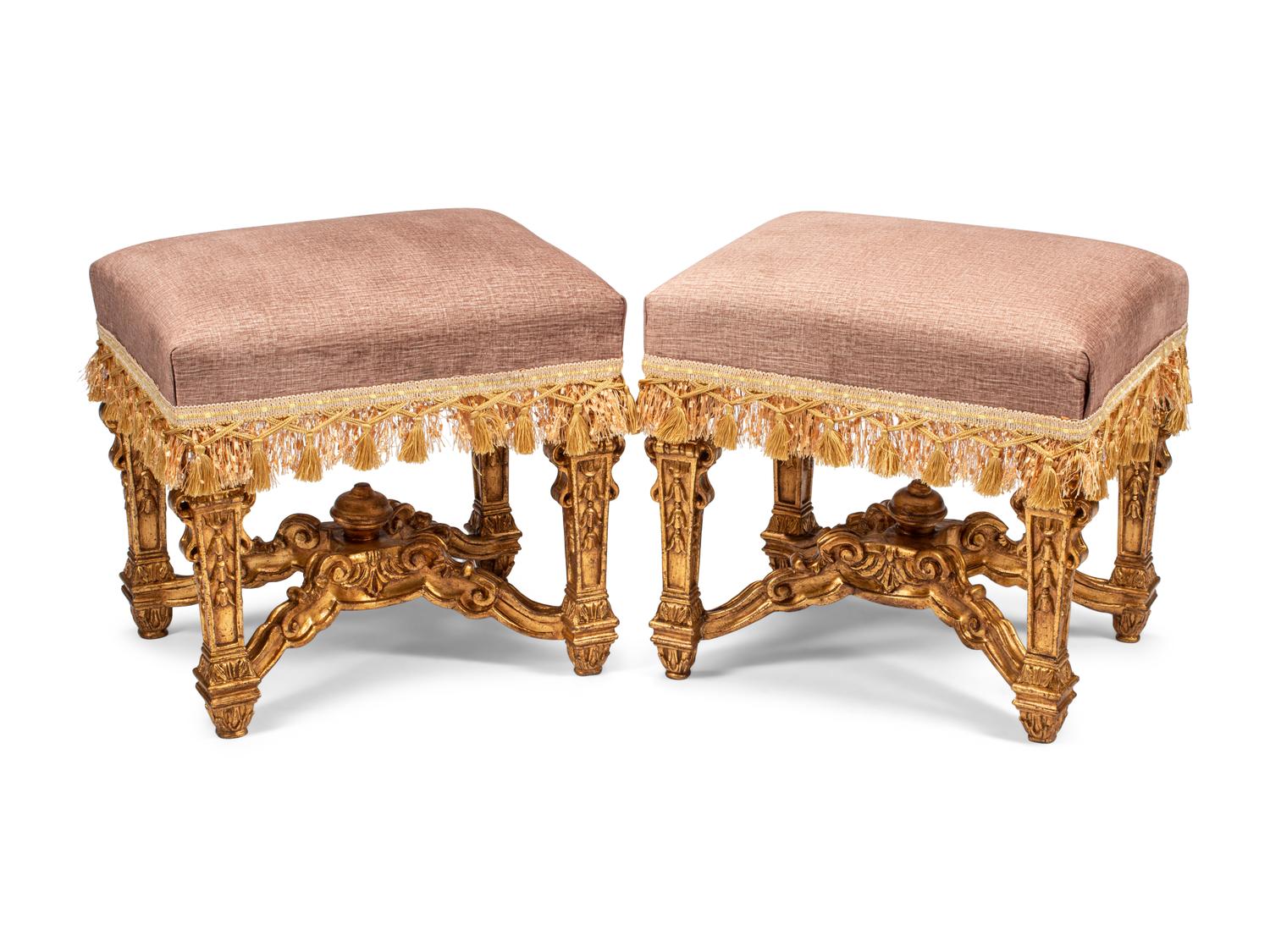 A Pair of Louis XIV Style Giltwood Tabourets