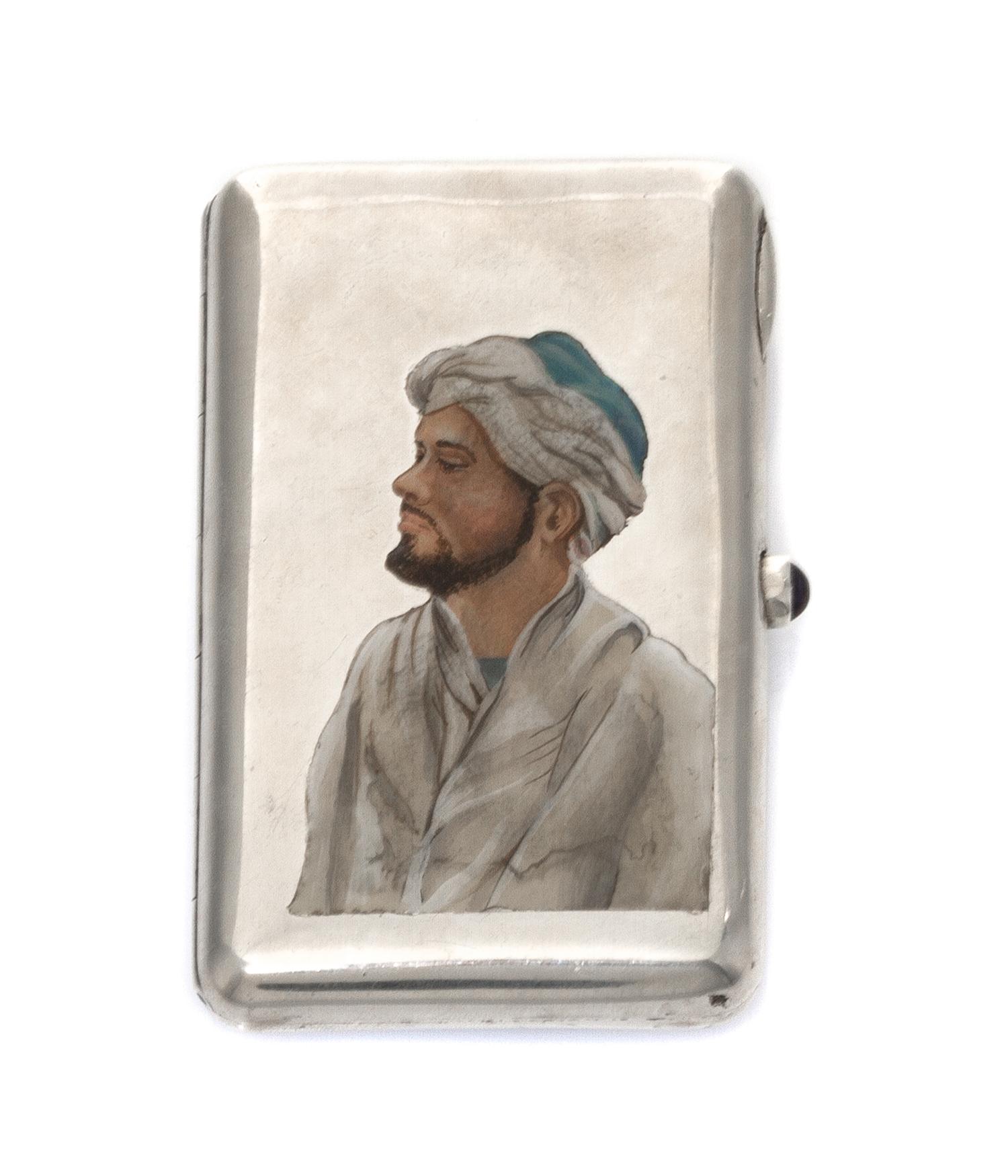 An Estonian Silver and En Plein Enamel Cigarette Case, Joseph Kopf, Tallinn, circa 1930, the lid decorated with an enamel portrait of a
