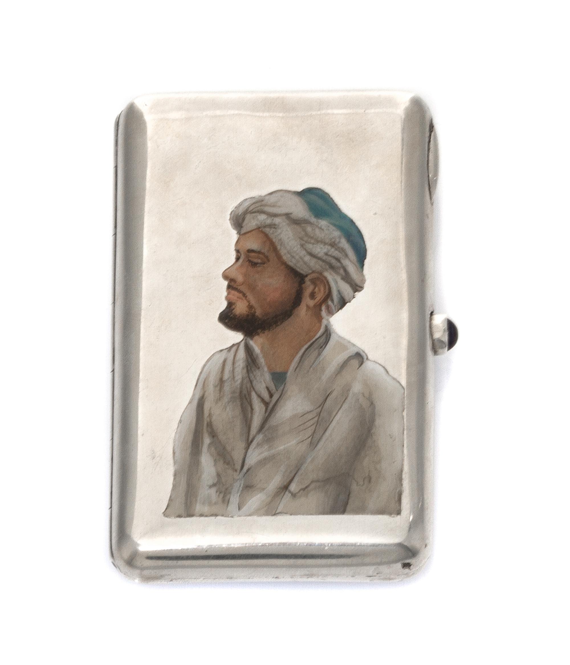 An Estonian Silver and En Plein Enamel Cigarette Case, Joseph Kopf, Tallinn, circa 1930, the lid decorated with an enamel portrait of a
