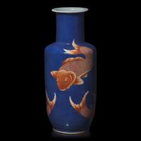 A Chinese Powder Blue Ground Iron Red Decorated"Carp" Rouleau Vase 灑藍地礬紅錦鯉紋棒槌瓶