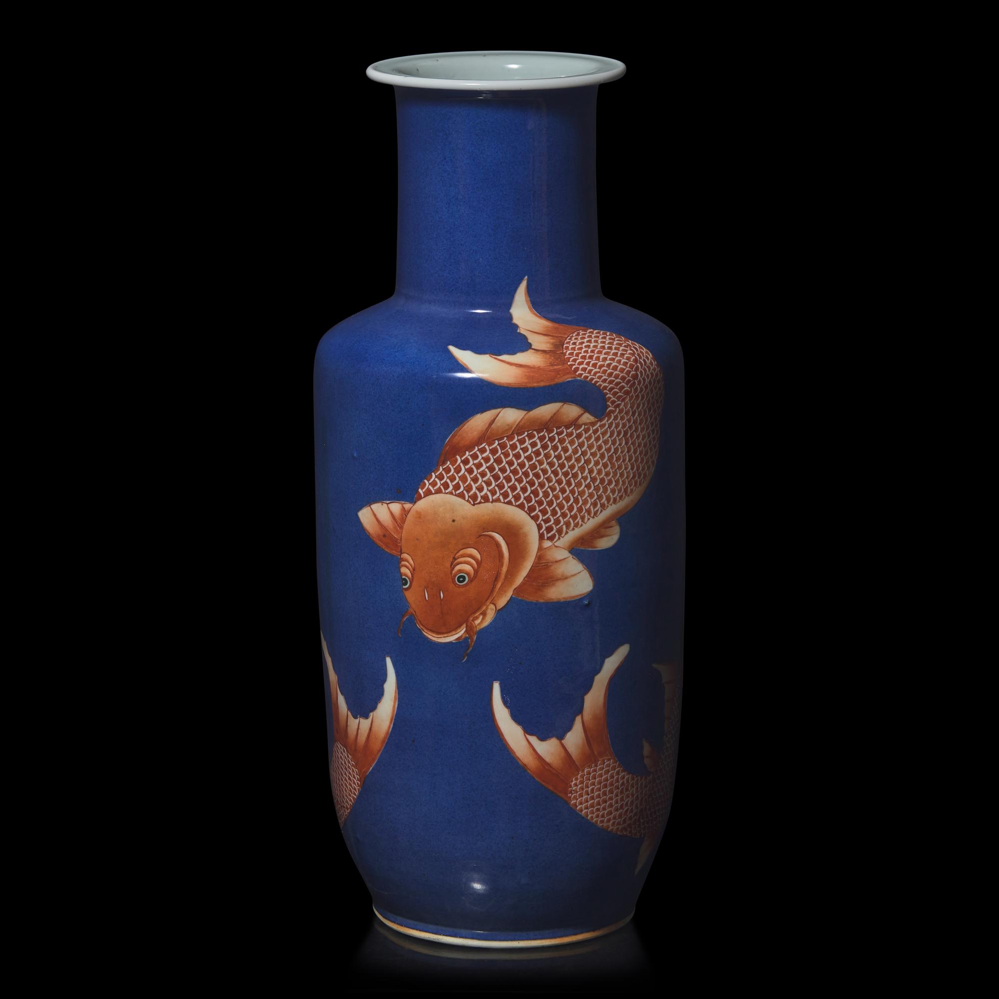 A Chinese Powder Blue Ground Iron Red Decorated"Carp" Rouleau Vase 灑藍地礬紅錦鯉紋棒槌瓶