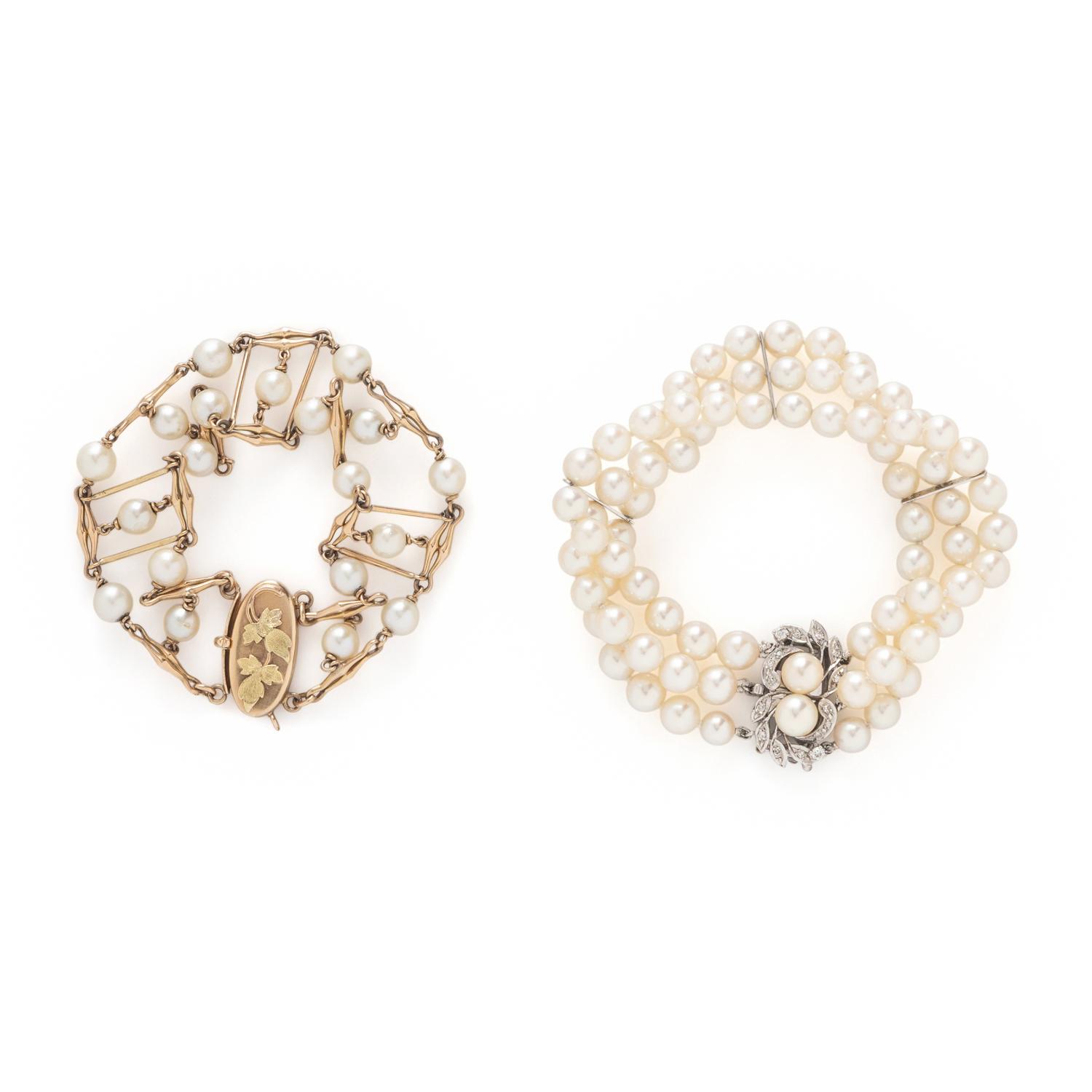 TWO CULTURED PEARL AND GOLD BRACELETS