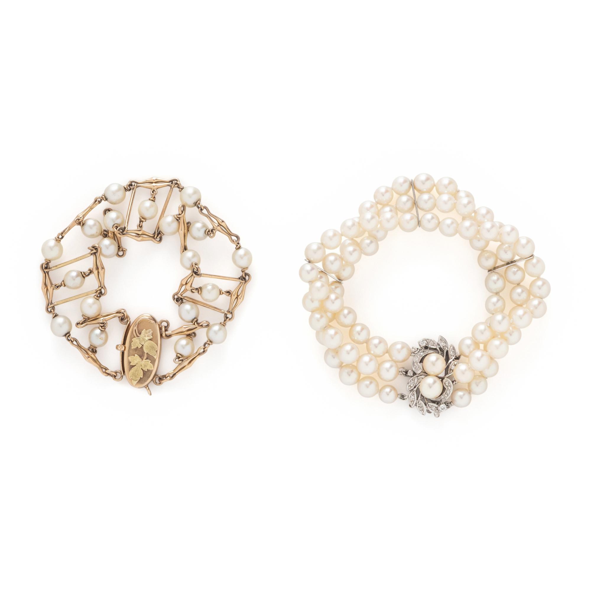 TWO CULTURED PEARL AND GOLD BRACELETS