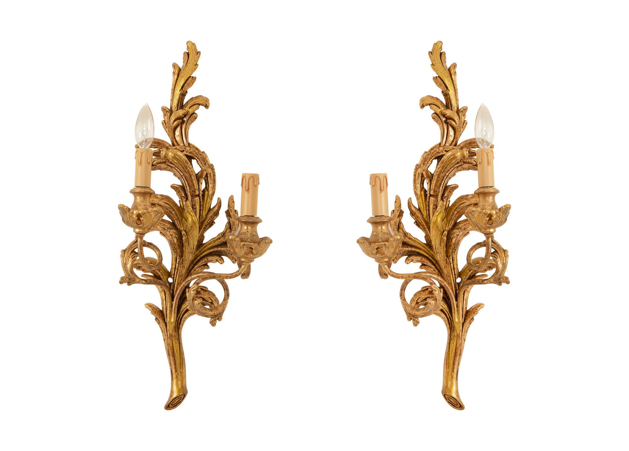 A Pair of Italian Giltwood Two Light Wall Sconces