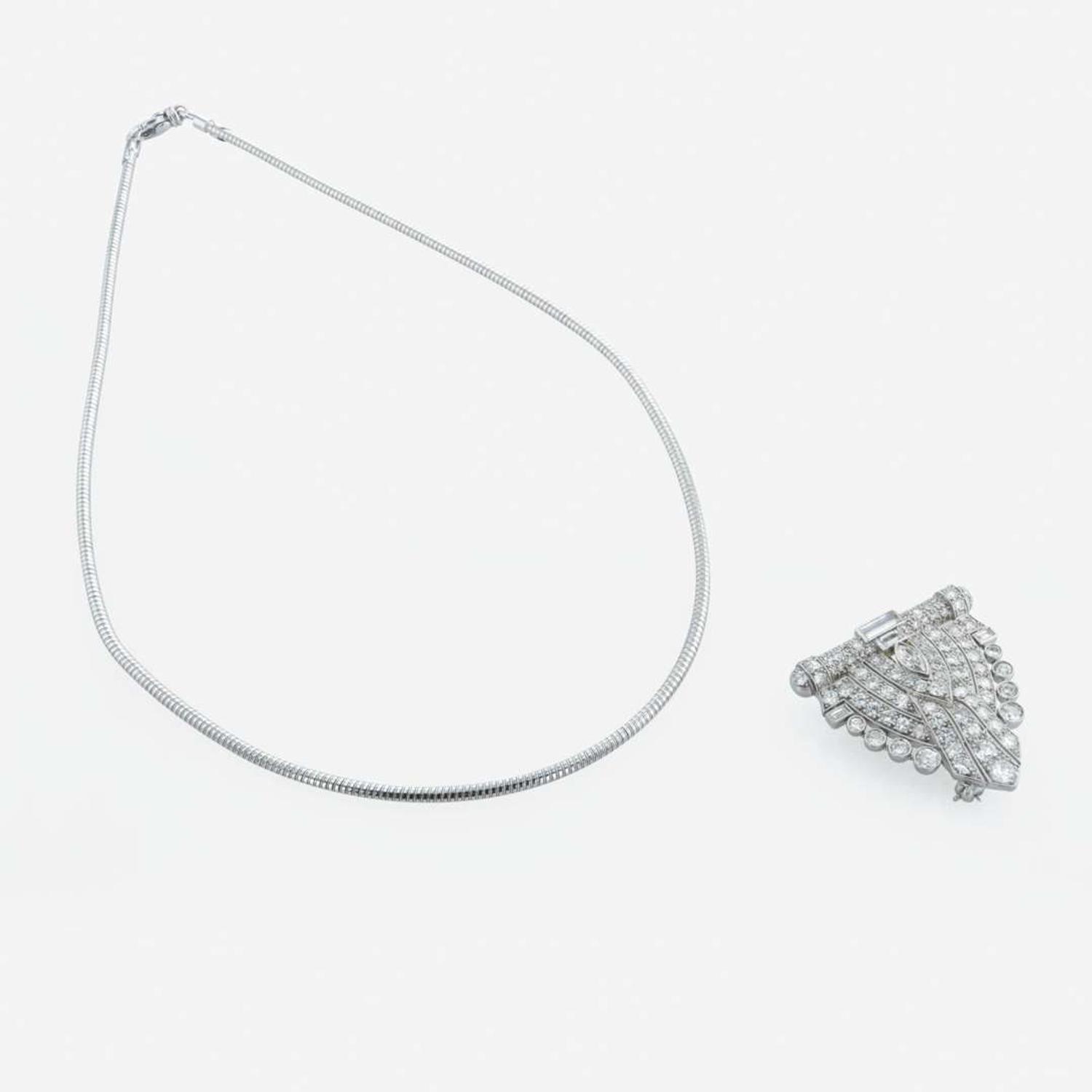 An art deco, platinum and diamond dress clip - pendant, and necklace