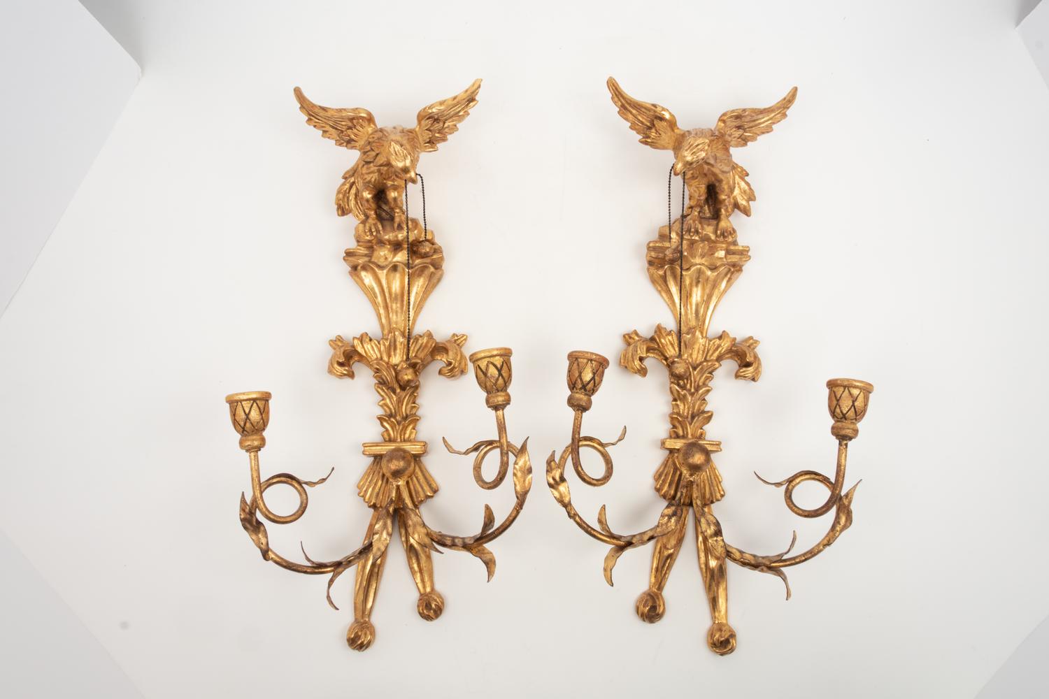 A Pair of Regency Style Giltwood Two-Light Sconces
