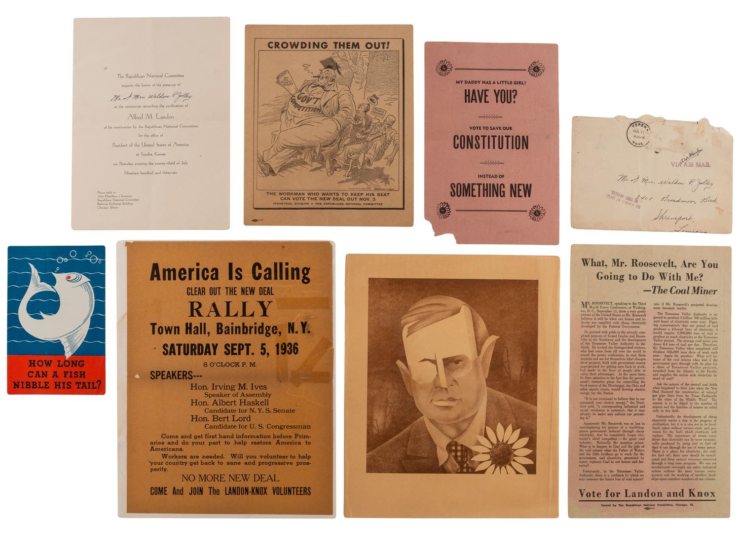 [POLITICS - 1936 ELECTION]. [LANDON, Alfred "Alf" (1887-1987)]. A large group of campaign ephemera from the 1936 Landon/Knox presidential run.