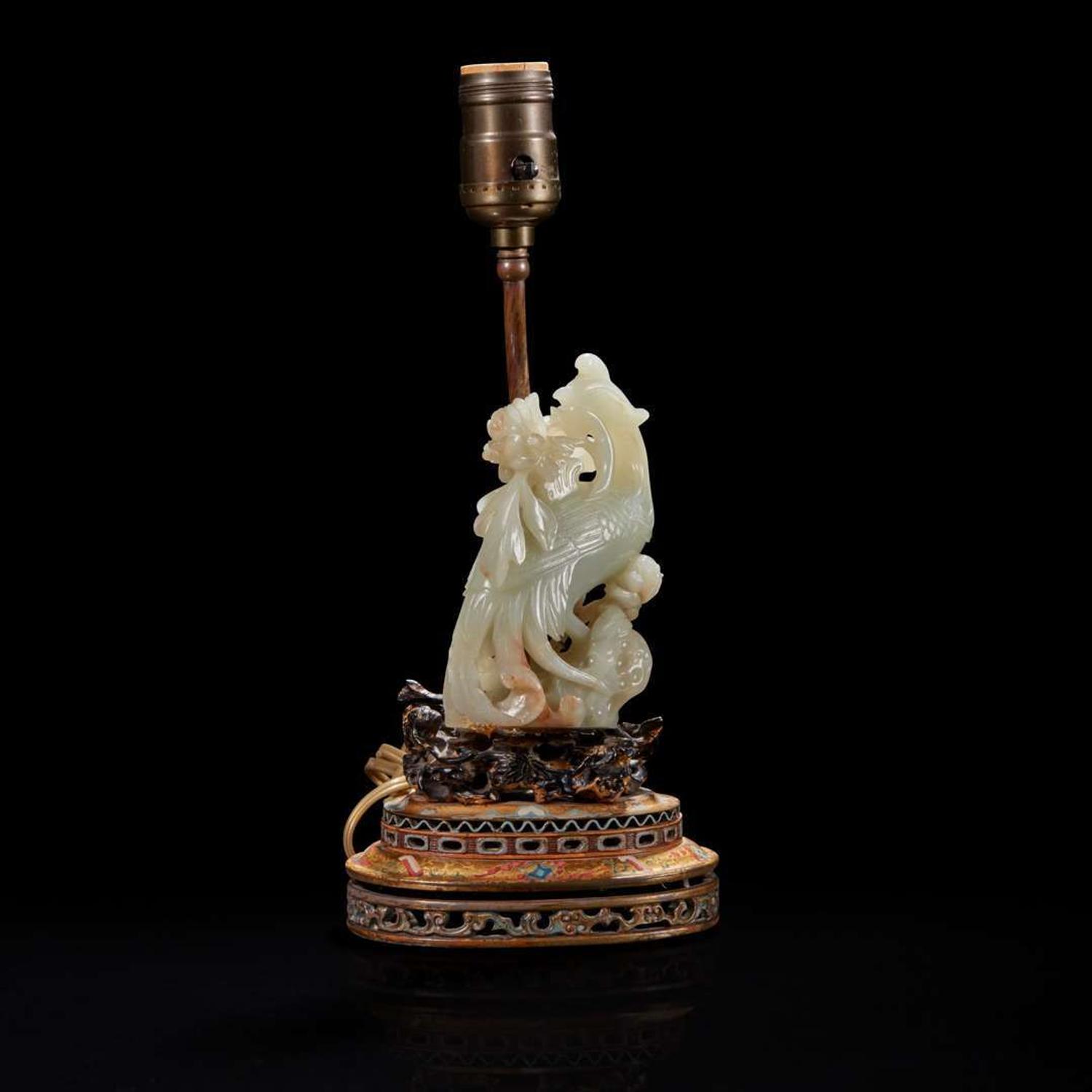 A Chinese jade figure of a phoenix mounted as a lamp 玉凤鸟镶嵌台灯 The jade 18th/early 19th century ??????????????