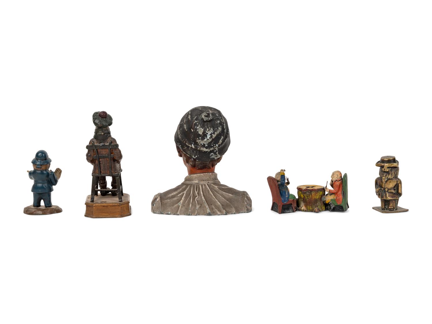 A Group of Five Cast Metal Figural Inkwells