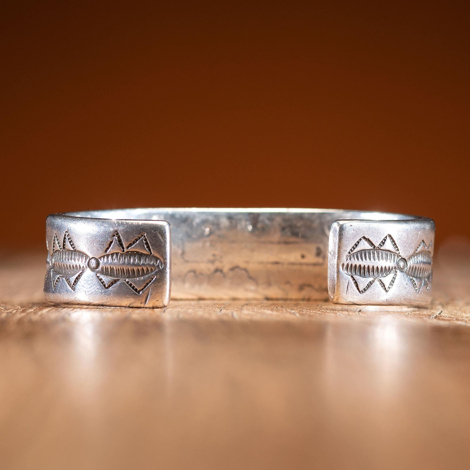 Early Navajo Stamped Ingot and Turquoise Cuff Bracelet