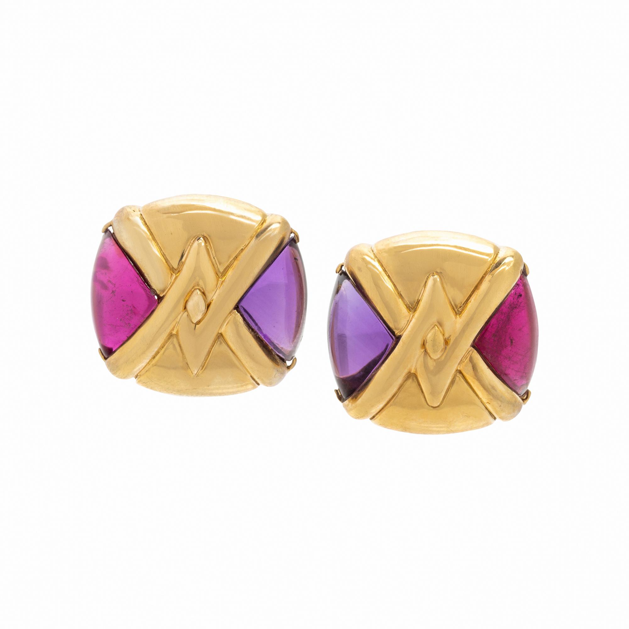 Amethyst, Rubellite Tourmaline, and Yellow Gold Earrings
