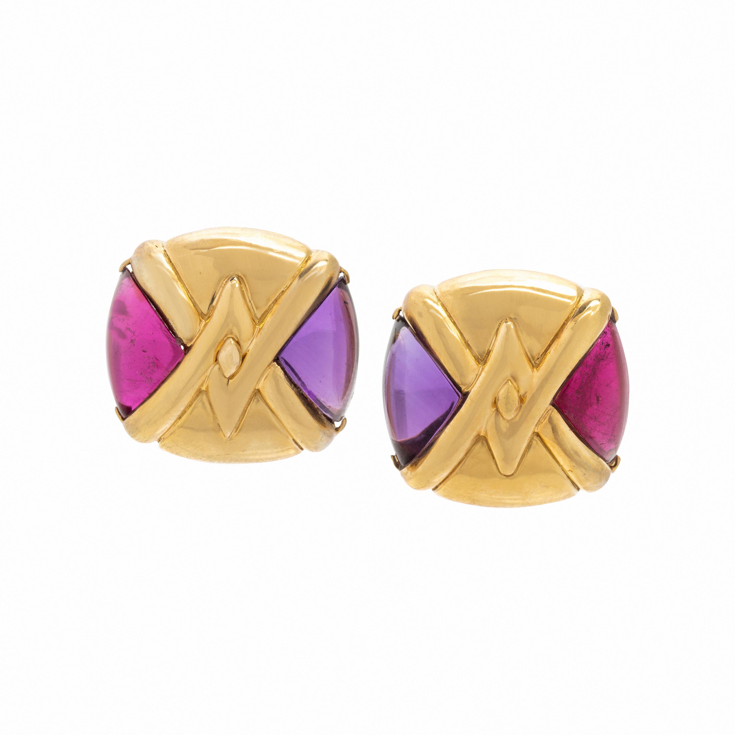 Amethyst, Rubellite Tourmaline, and Yellow Gold Earrings