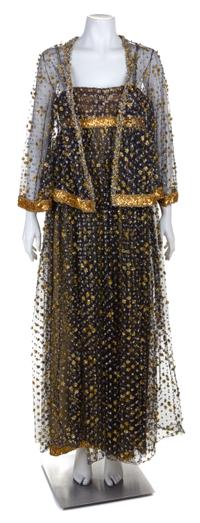 A Galanos Gold Lamé and Black Tulle Evening Gown and Jacket, No size.