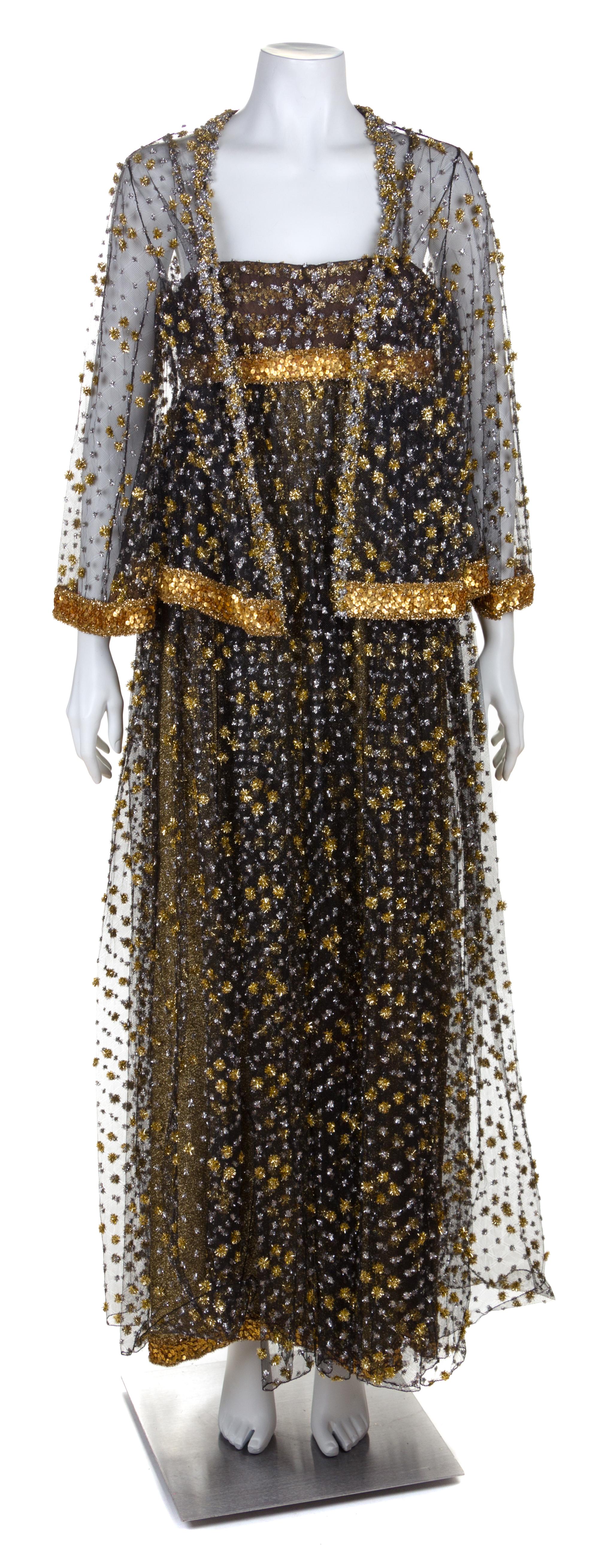 A Galanos Gold Lamé and Black Tulle Evening Gown and Jacket, No size.