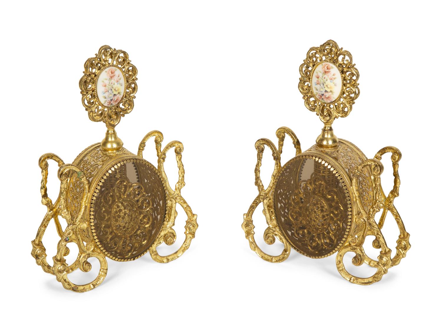 A Pair of Continental Gilt Metal and Glass Perfume Bottles