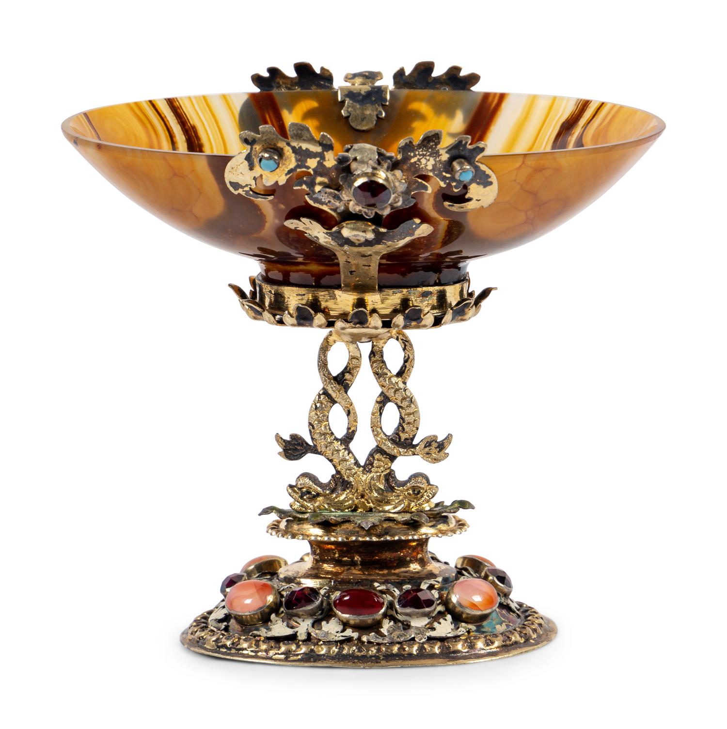 A German Enameled Silver-Gilt, Jewel and Carved Agate Cup
