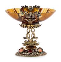 A German Enameled Silver-Gilt, Jewel and Carved Agate Cup