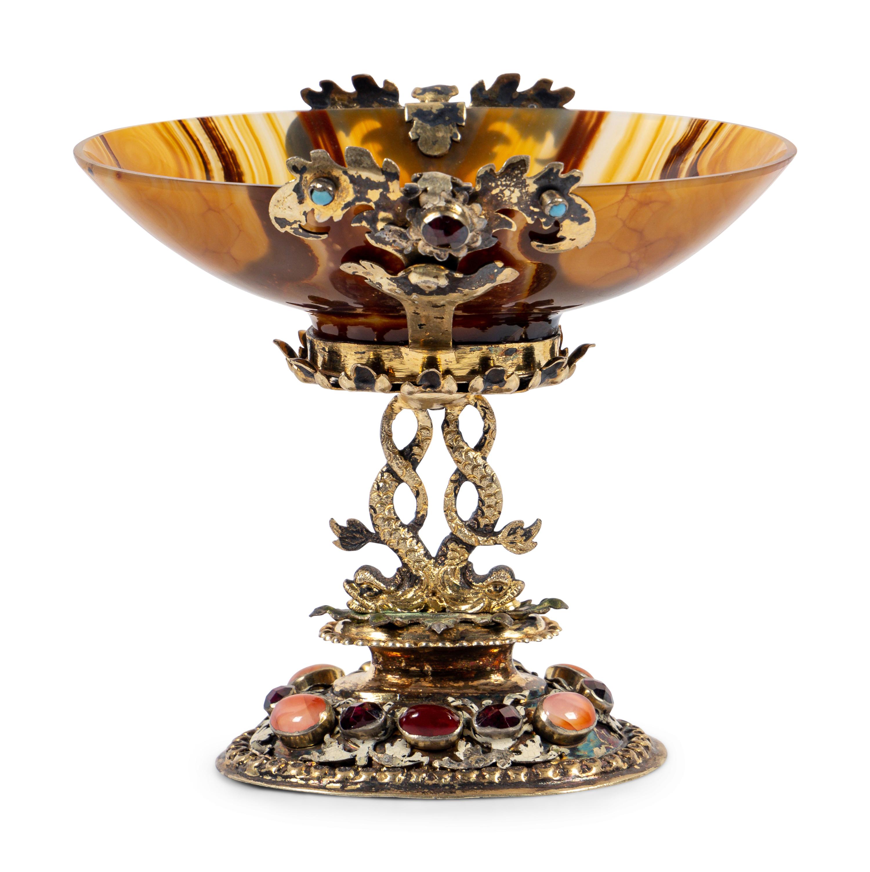 A German Enameled Silver-Gilt, Jewel and Carved Agate Cup