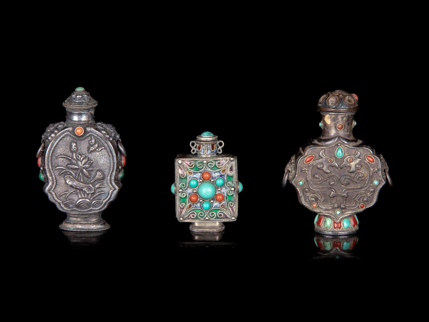 Three Mongolian Style Silver Snuff Bottles