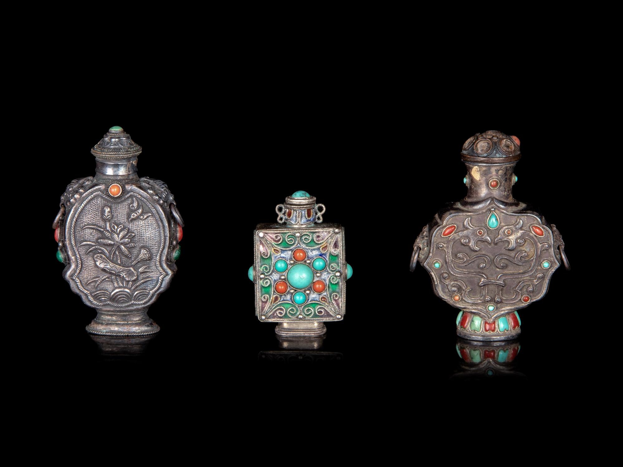 Three Mongolian Style Silver Snuff Bottles