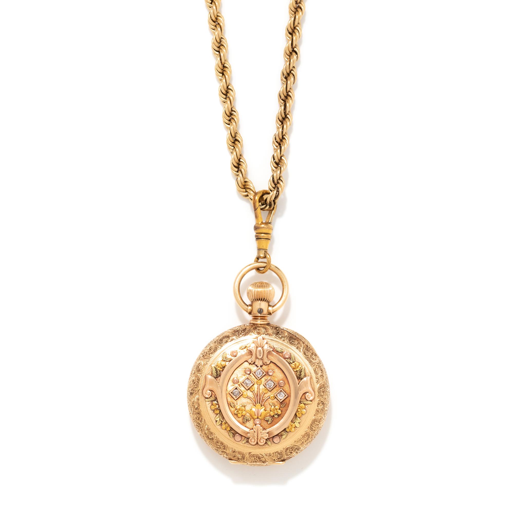 HAMPDEN, 14K TRICOLOR GOLD AND DIAMOND HUNTER CASE POCKET WATCH