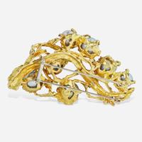An 18K Yellow Gold, Pearl, and Diamond Brooch Brutalist, c.1980