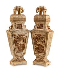 A Pair of Japanese Bone-Veneered Covered Vases on Stands
