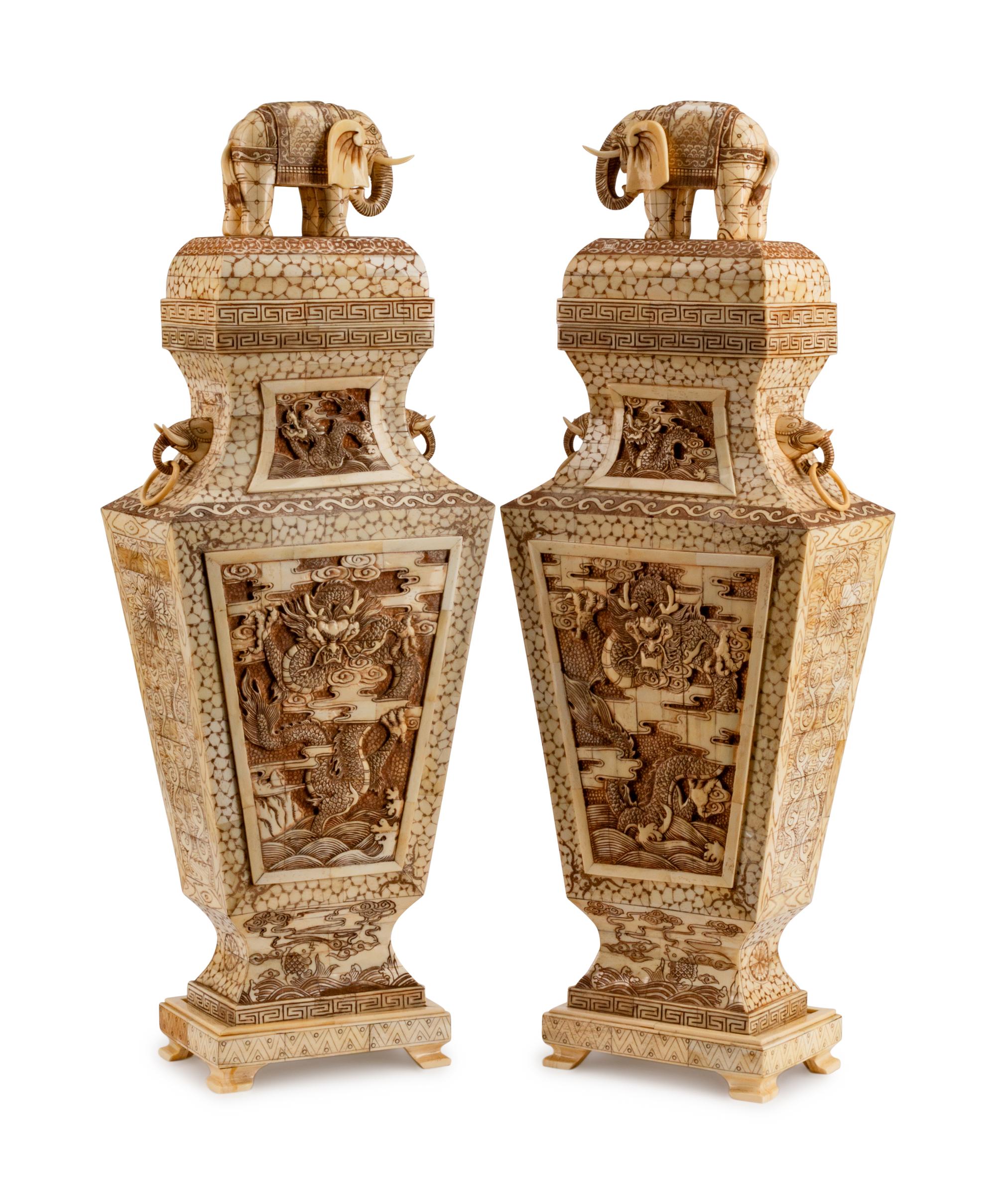 A Pair of Japanese Bone-Veneered Covered Vases on Stands